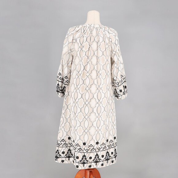 CHICO'S Poplin Embellished A-Line Midi Dress Boho Geo Print Tan Black Size 0/S - Picture 5 of 9